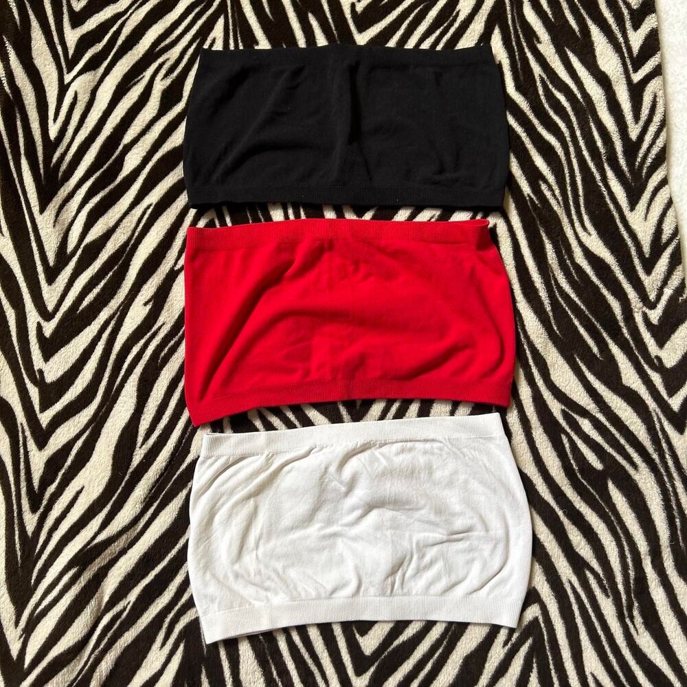 Bundle of 3 bandeau tube tops in black, red, and white no padding